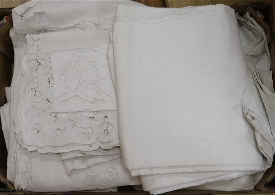 An ornate French linen sheet, pillowcase and mixed damask